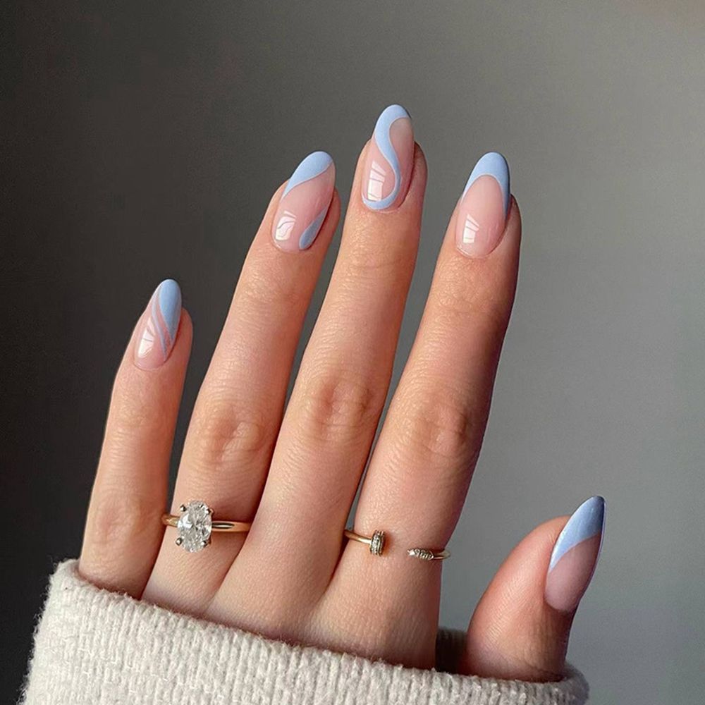 24Pcs/Set Fake Nails With Glue Full Cover Nail Tips Press On Med Nails DIY Manicure Oval Head False Nails Pink Almond Artificial JP1777 -24Pcs-Set