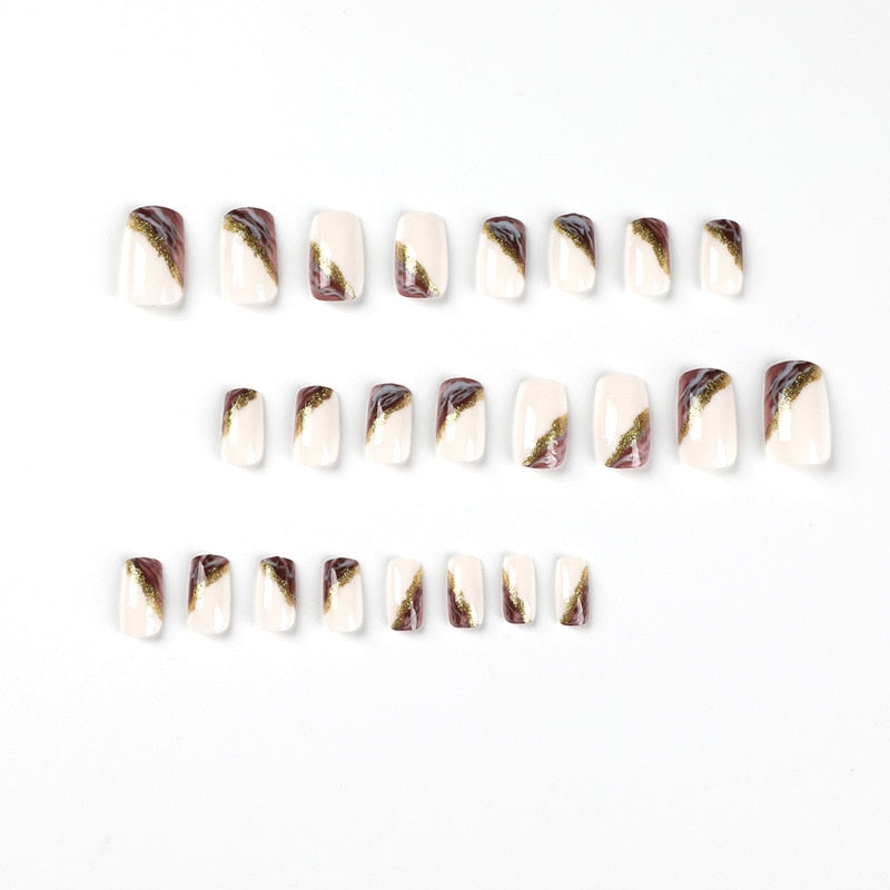 24Pcs/Set Wearable Gold Foil Nail Patch White Purple Smudged Press on Nails French Style Fake Nail Girls Beauty Decor Wholesale