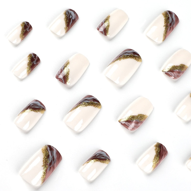 24Pcs/Set Wearable Gold Foil Nail Patch White Purple Smudged Press on Nails French Style Fake Nail Girls Beauty Decor Wholesale
