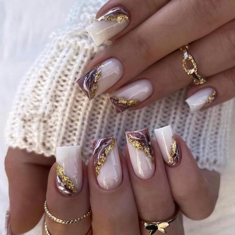 24Pcs/Set Wearable Gold Foil Nail Patch White Purple Smudged Press on Nails French Style Fake Nail Girls Beauty Decor Wholesale
