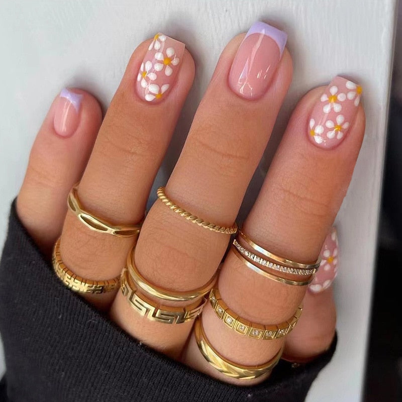 24Pcs Shiny Pearl Wearable False Nails Short Square Fake Nail Simple Summer Press on Nails Detachable Full Cover Nail Tips 1503