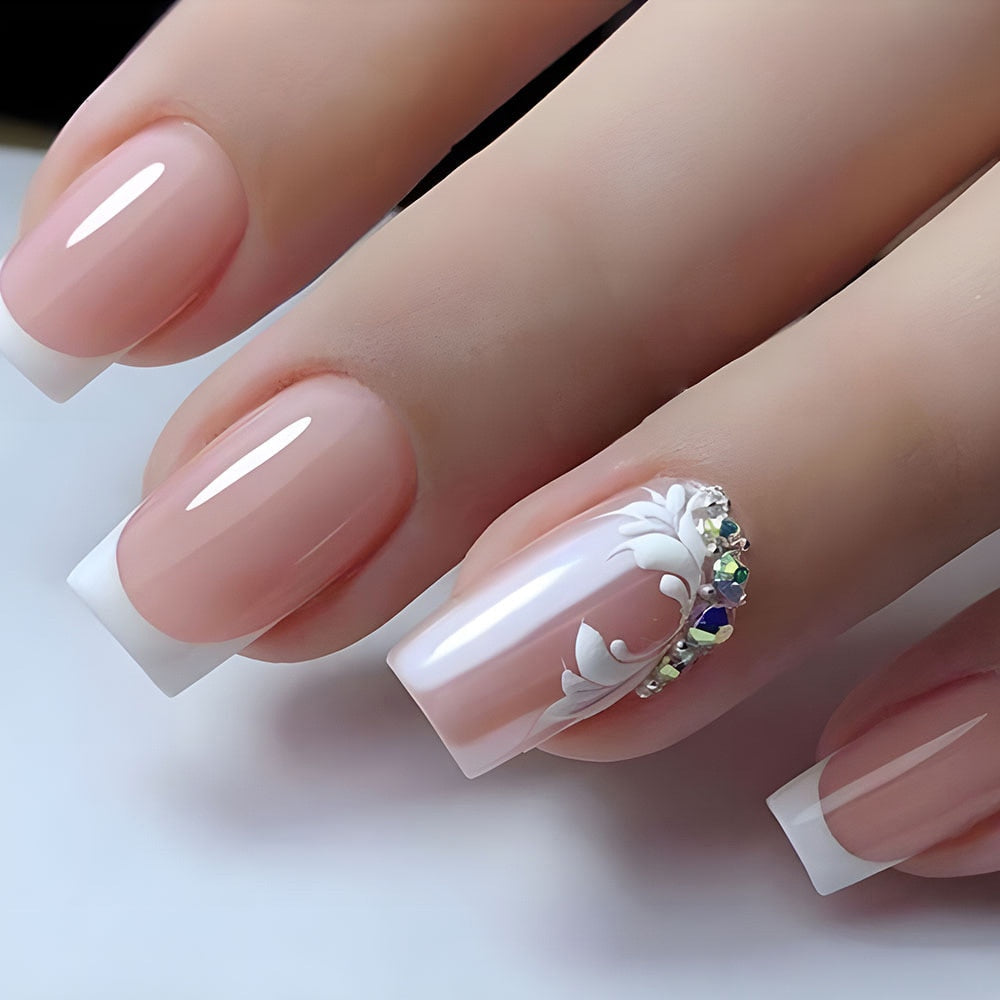 24Pcs Shiny Pearl Wearable False Nails Short Square Fake Nail Simple Summer Press on Nails Detachable Full Cover Nail Tips 130