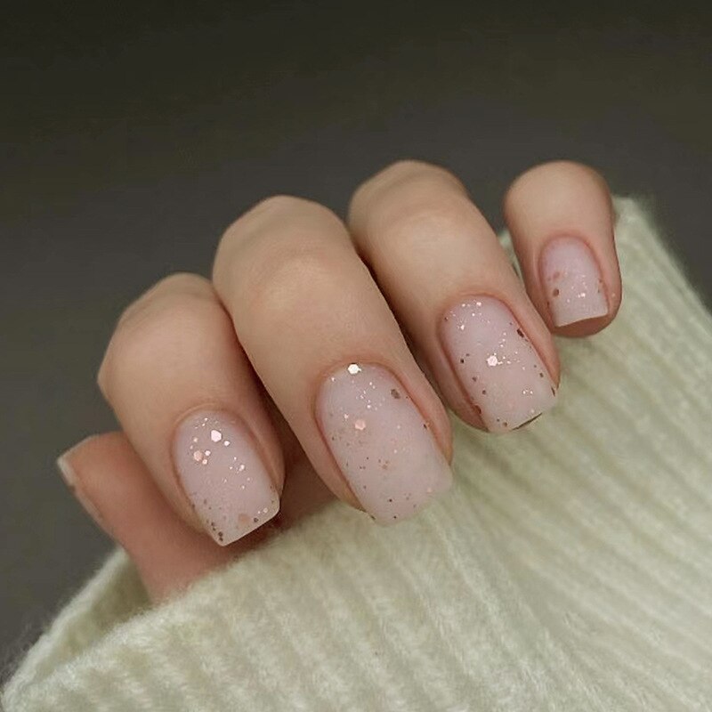 24Pcs Shiny Pearl Wearable False Nails Short Square Fake Nail Simple Summer Press on Nails Detachable Full Cover Nail Tips 735