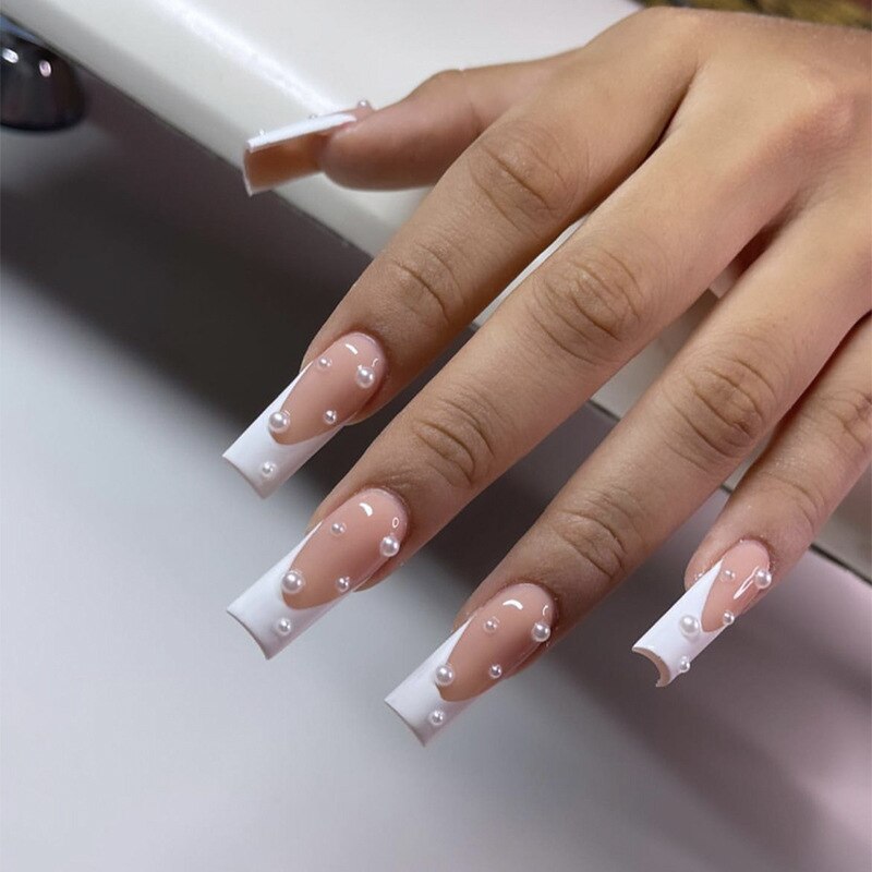 24Pcs Shiny Pearl Wearable False Nails Short Square Fake Nail Simple Summer Press on Nails Detachable Full Cover Nail Tips 109