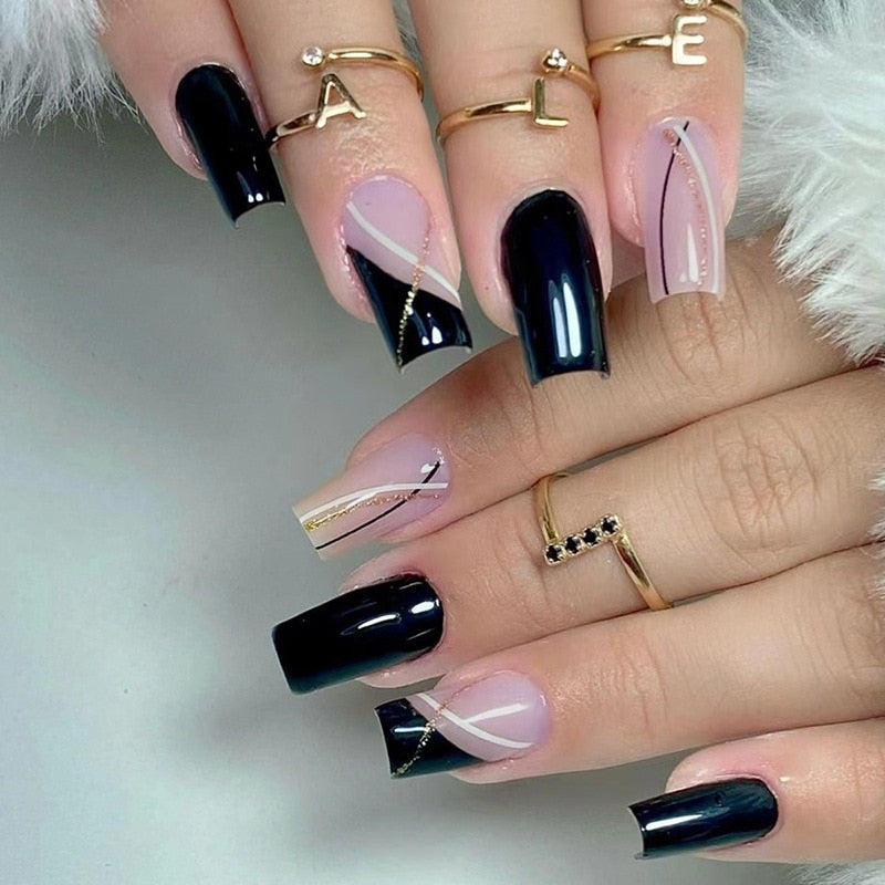 24Pcs Shiny Pearl Wearable False Nails Short Square Fake Nail Simple Summer Press on Nails Detachable Full Cover Nail Tips 754