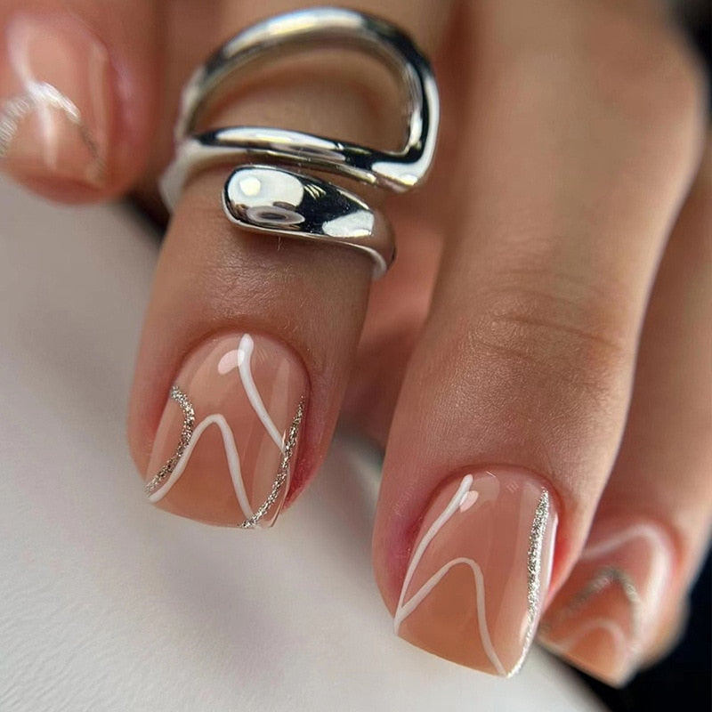 24Pcs Shiny Pearl Wearable False Nails Short Square Fake Nail Simple Summer Press on Nails Detachable Full Cover Nail Tips 585