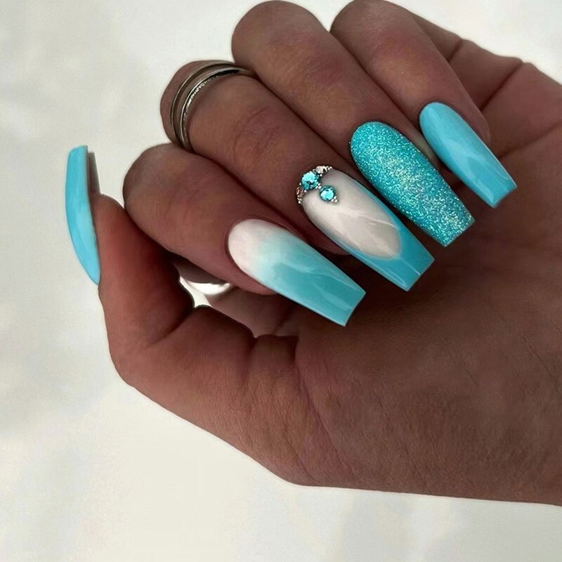 24Pcs Shiny Pearl Wearable False Nails Short Square Fake Nail Simple Summer Press on Nails Detachable Full Cover Nail Tips 689