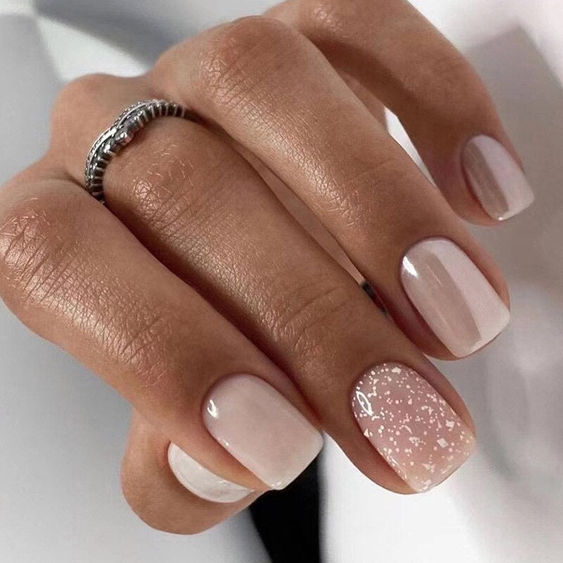 24Pcs Shiny Pearl Wearable False Nails Short Square Fake Nail Simple Summer Press on Nails Detachable Full Cover Nail Tips 518