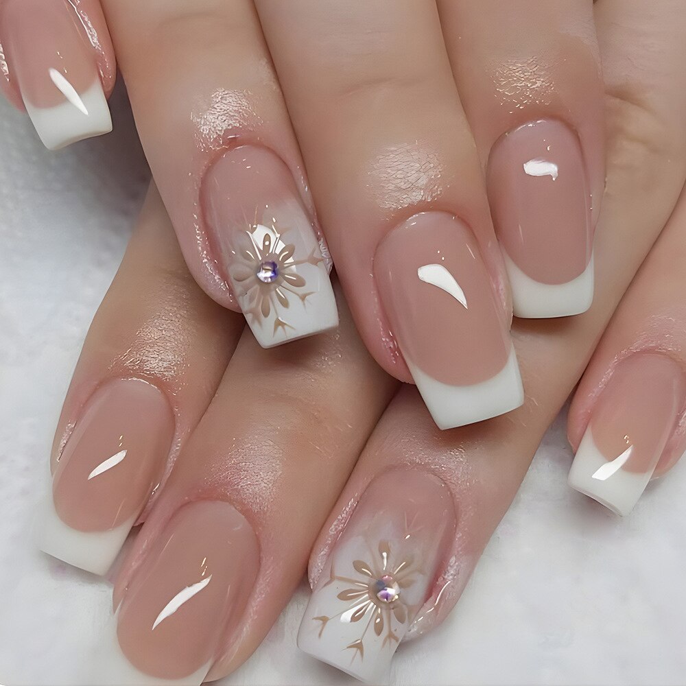 24Pcs Shiny Pearl Wearable False Nails Short Square Fake Nail Simple Summer Press on Nails Detachable Full Cover Nail Tips 162