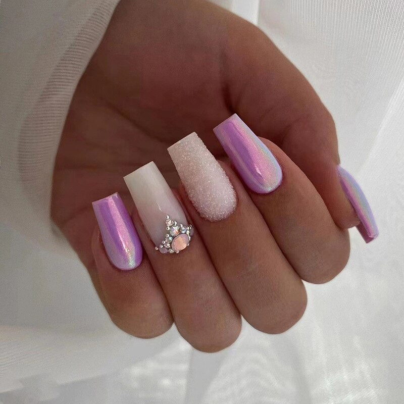 24Pcs Shiny Pearl Wearable False Nails Short Square Fake Nail Simple Summer Press on Nails Detachable Full Cover Nail Tips 699