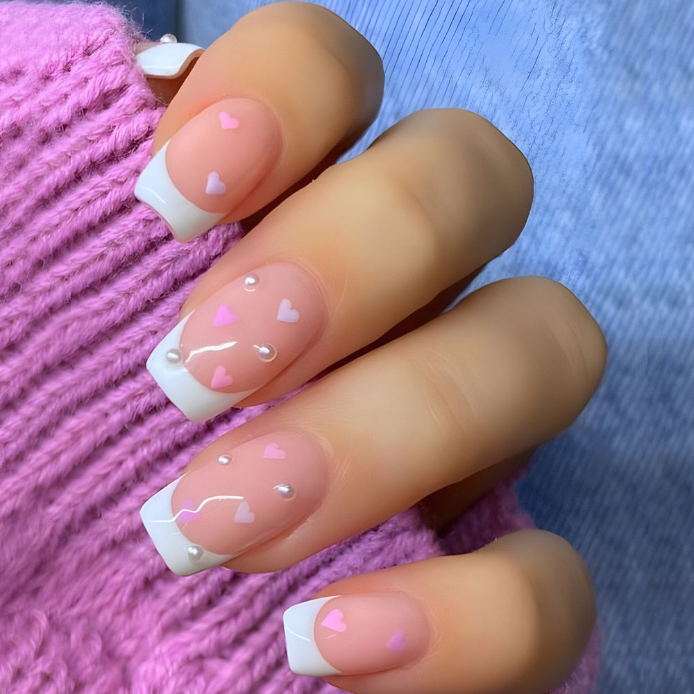 24Pcs Shiny Pearl Wearable False Nails Short Square Fake Nail Simple Summer Press on Nails Detachable Full Cover Nail Tips 158