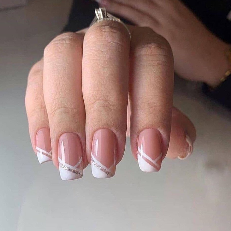 24Pcs Shiny Pearl Wearable False Nails Short Square Fake Nail Simple Summer Press on Nails Detachable Full Cover Nail Tips 823