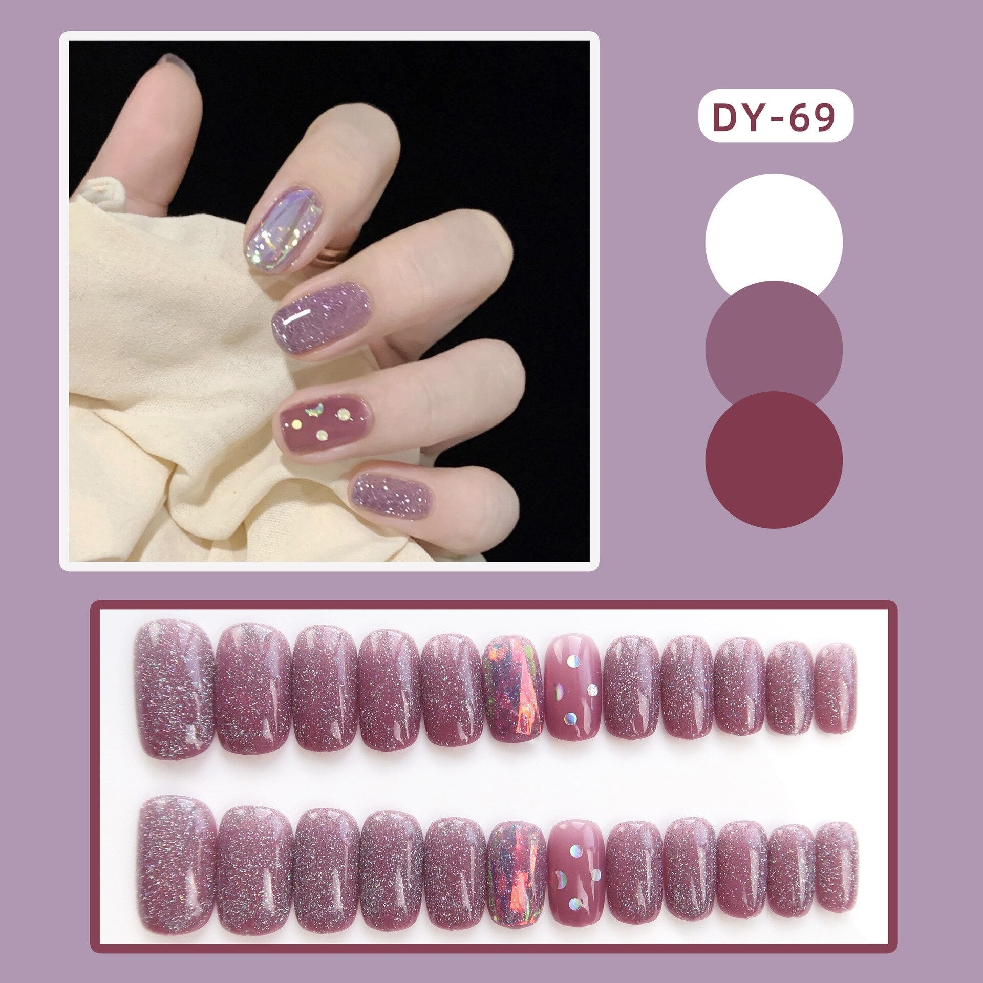 24Pcs Short Square Head False Nails Wearable Cat eye Glitter Sequins Diamond Fake Nails Full Cover Nail Tips Press On Nails 7