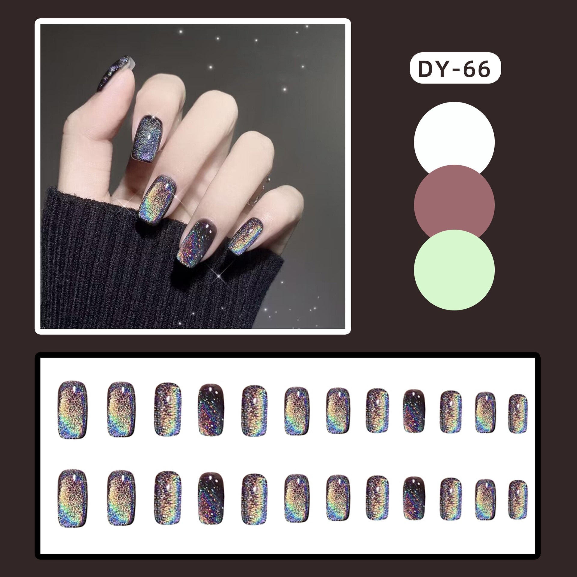24Pcs Short Square Head False Nails Wearable Cat eye Glitter Sequins Diamond Fake Nails Full Cover Nail Tips Press On Nails 5