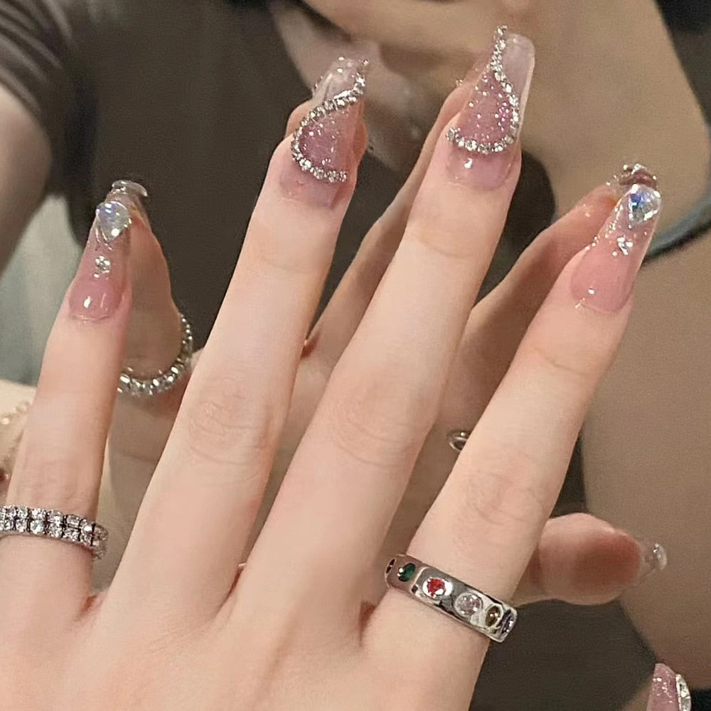 24Pcs Super Shiny False Nails 3D Drop Diamond y2k Mid-length Coffin Ballet Fake Nails Full Finished Fake Nail Patches For Girls