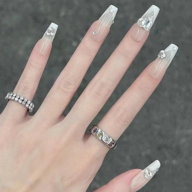 24Pcs Three-dimensional Love Heart False Nails with French Design Long Coffin Wearable Fake Nails Rhinestone Press on Nails Tips 278
