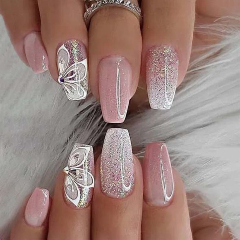 24Pcs Wearable Fake Nails Pink Gradient Glitter Butterfly Rhinestones Full Cover Acrylic Nail Tips With Press Glue Detachable