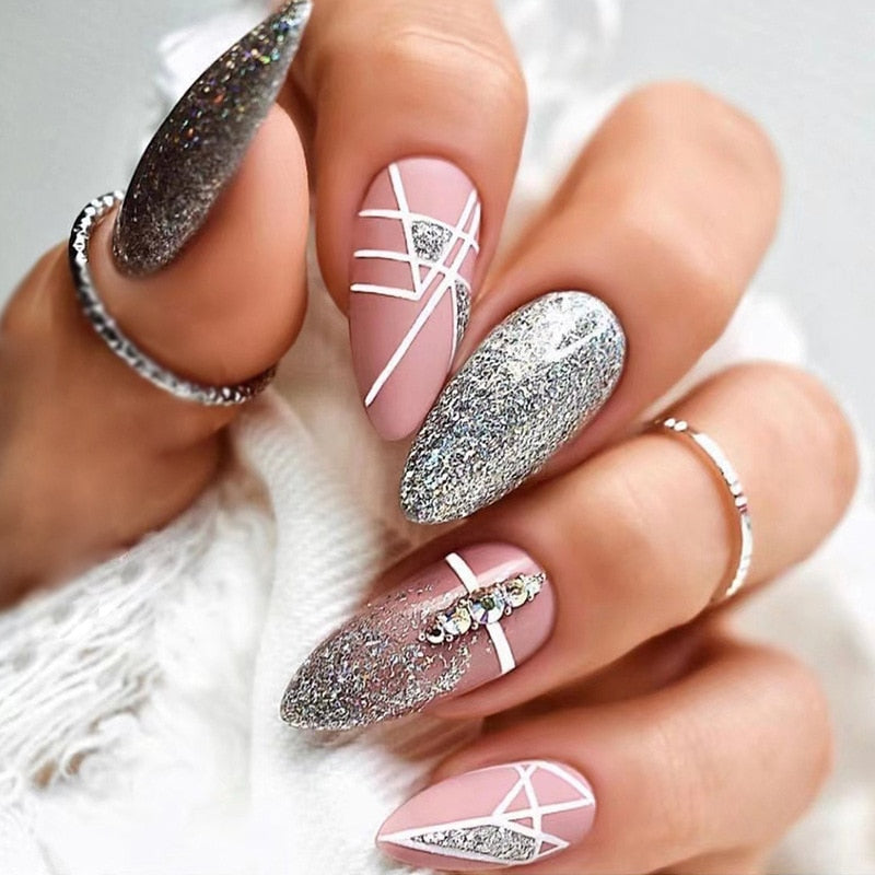 24Pcs Wearable Fake Nails Pink Gradient Glitter Butterfly Rhinestones Full Cover Acrylic Nail Tips With Press Glue Detachable LT-59