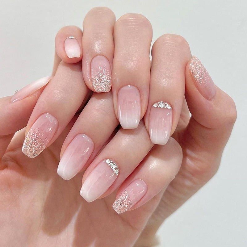 24Pcs Wearable Fake Nails Pink Gradient Glitter Butterfly Rhinestones Full Cover Acrylic Nail Tips With Press Glue Detachable LTY-103