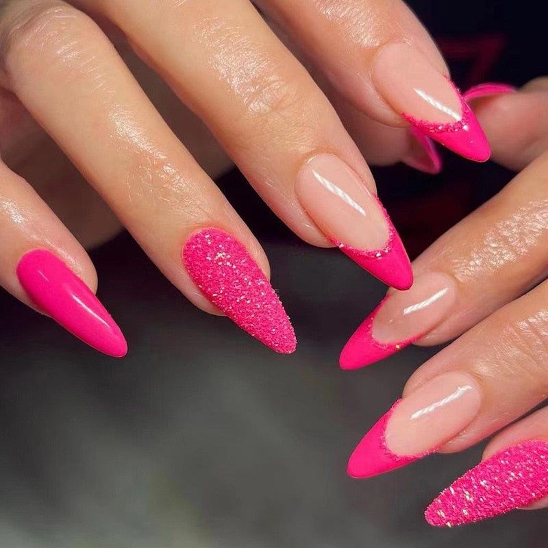 24Pcs Wearable Fake Nails Pink Gradient Glitter Butterfly Rhinestones Full Cover Acrylic Nail Tips With Press Glue Detachable LTY224