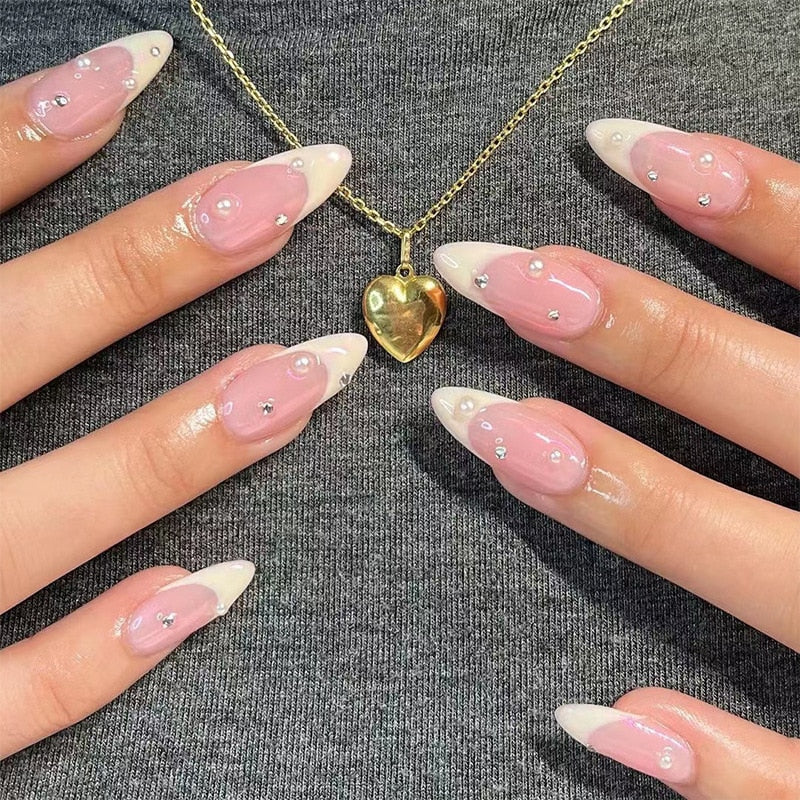 24Pcs Wearable Fake Nails Pink Gradient Glitter Butterfly Rhinestones Full Cover Acrylic Nail Tips With Press Glue Detachable LT-57