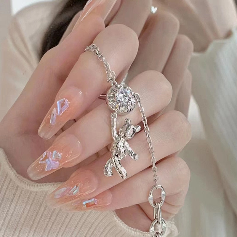 24Pcs Wearable Fake Nails Pink Gradient Glitter Butterfly Rhinestones Full Cover Acrylic Nail Tips With Press Glue Detachable JS450