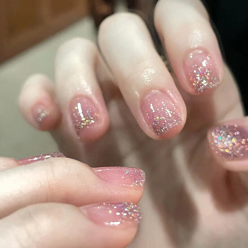24Pcs Wearable Fake Nails Pink Gradient Glitter Butterfly Rhinestones Full Cover Acrylic Nail Tips With Press Glue Detachable JSQ-050