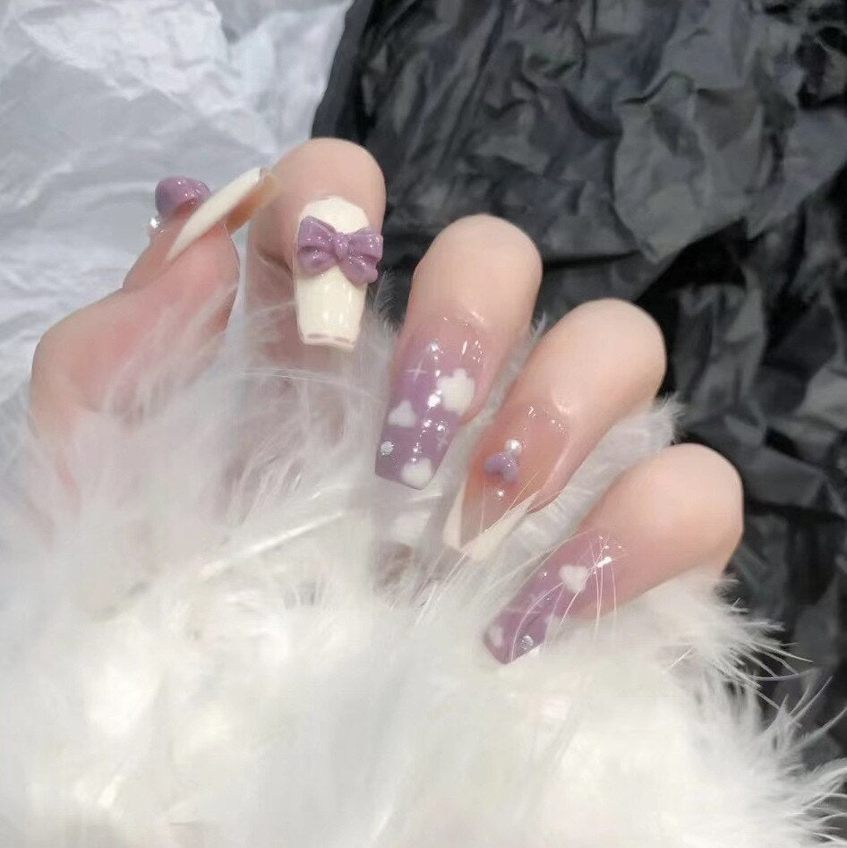 24Pcs Wearable Fake Nails Pink Gradient Glitter Butterfly Rhinestones Full Cover Acrylic Nail Tips With Press Glue Detachable LT-66