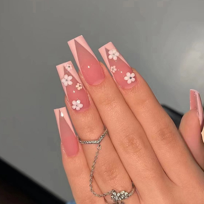 24Pcs Wearable Fake Nails Pink Gradient Glitter Butterfly Rhinestones Full Cover Acrylic Nail Tips With Press Glue Detachable JSQ-126