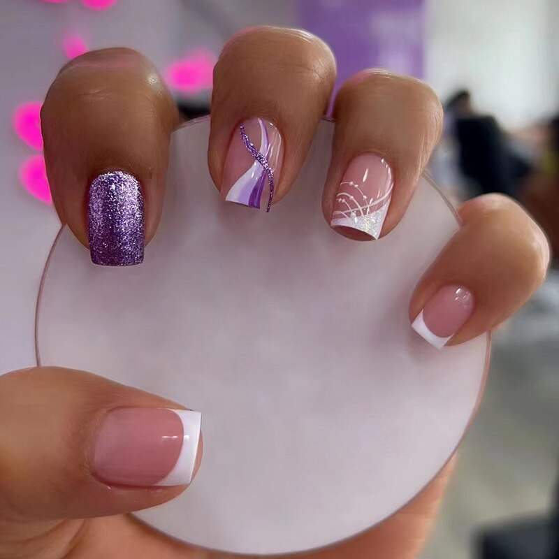 24Pcs Wearable Fake Nails Pink Gradient Glitter Butterfly Rhinestones Full Cover Acrylic Nail Tips With Press Glue Detachable JS267