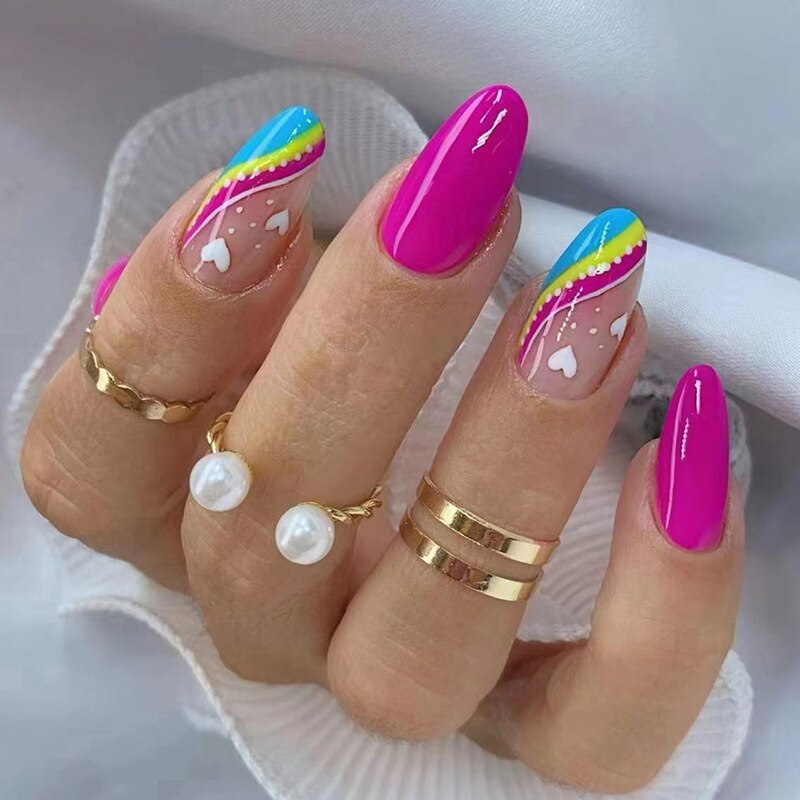 24Pcs Wearable Fake Nails Pink Gradient Glitter Butterfly Rhinestones Full Cover Acrylic Nail Tips With Press Glue Detachable JS268