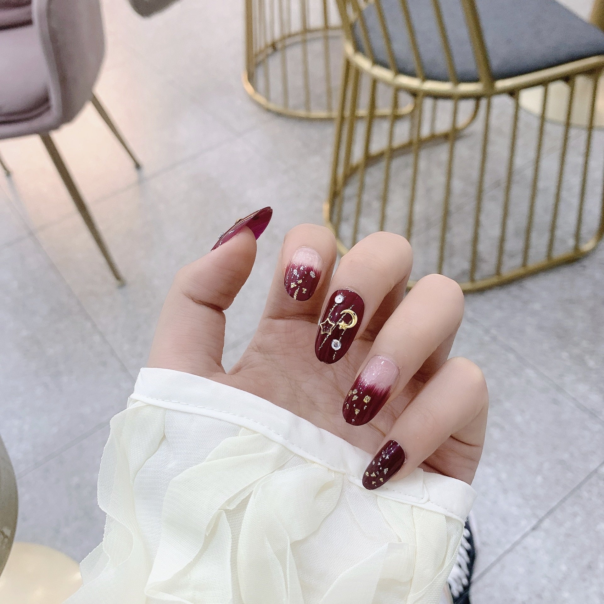 24Pcs Wearable Fake Nails Pink Gradient Glitter Butterfly Rhinestones Full Cover Acrylic Nail Tips With Press Glue Detachable LT-52