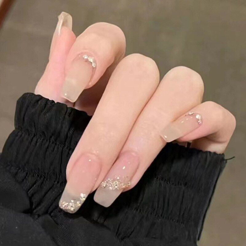 24Pcs Wearable False Nails with Glue Glitter Heart-shaped Rhinestone Design Full Cover Nail Tips Acrylic Fake Nails Press on 359