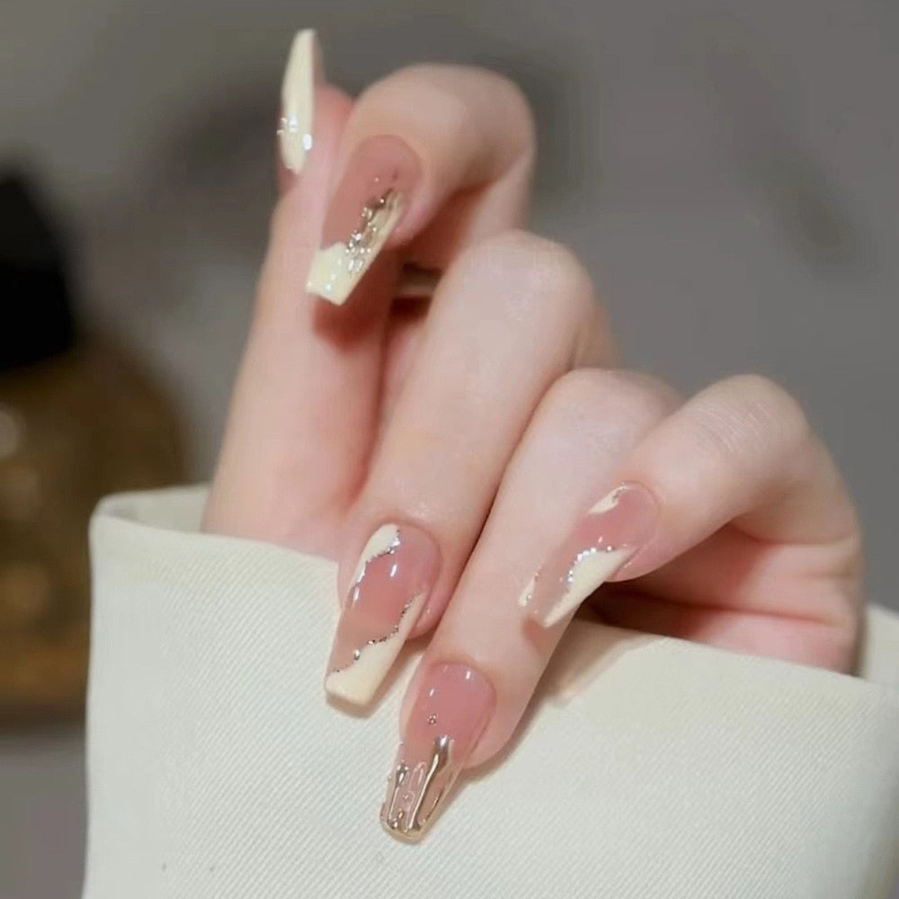 24Pcs Wearable False Nails with Glue Glitter Heart-shaped Rhinestone Design Full Cover Nail Tips Acrylic Fake Nails Press on 299