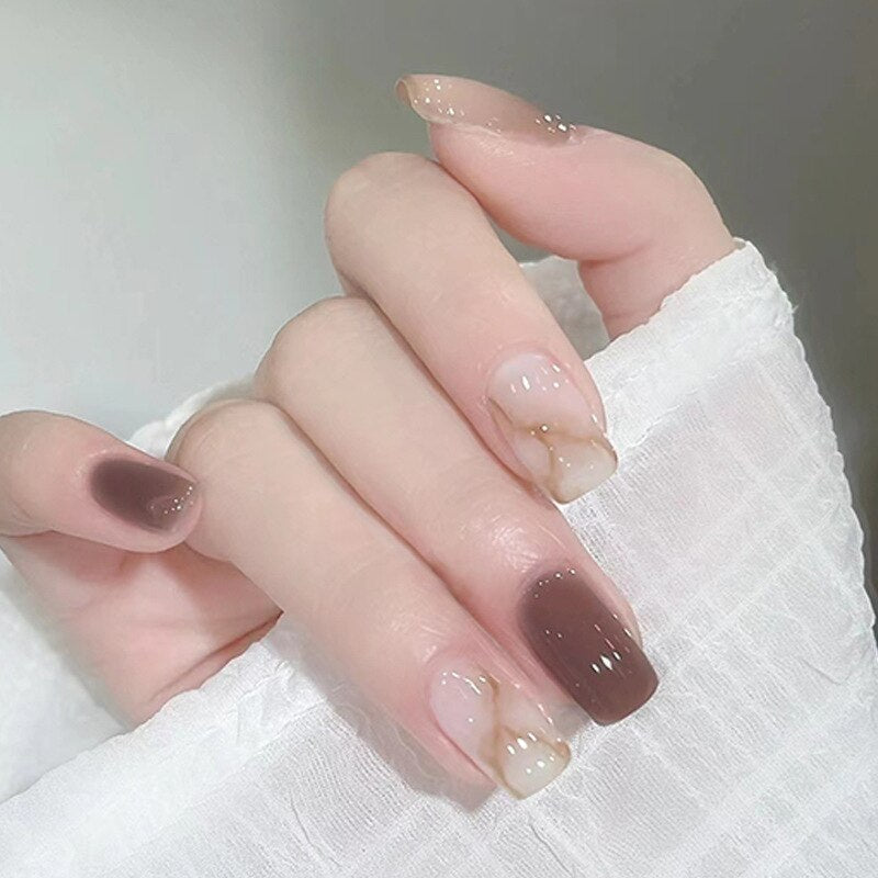24Pcs Wearable False Nails with Glue Glitter Heart-shaped Rhinestone Design Full Cover Nail Tips Acrylic Fake Nails Press on 645