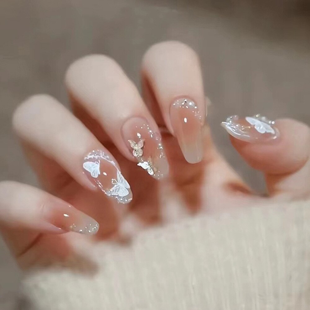 24Pcs Wearable False Nails with Glue Glitter Heart-shaped Rhinestone Design Full Cover Nail Tips Acrylic Fake Nails Press on 126