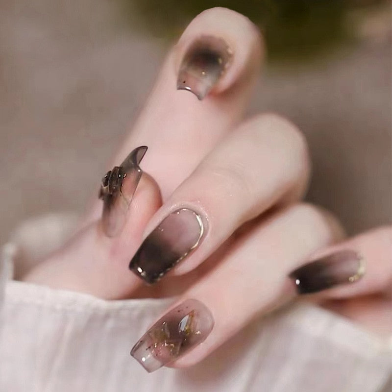24Pcs Wearable False Nails with Glue Glitter Heart-shaped Rhinestone Design Full Cover Nail Tips Acrylic Fake Nails Press on 478