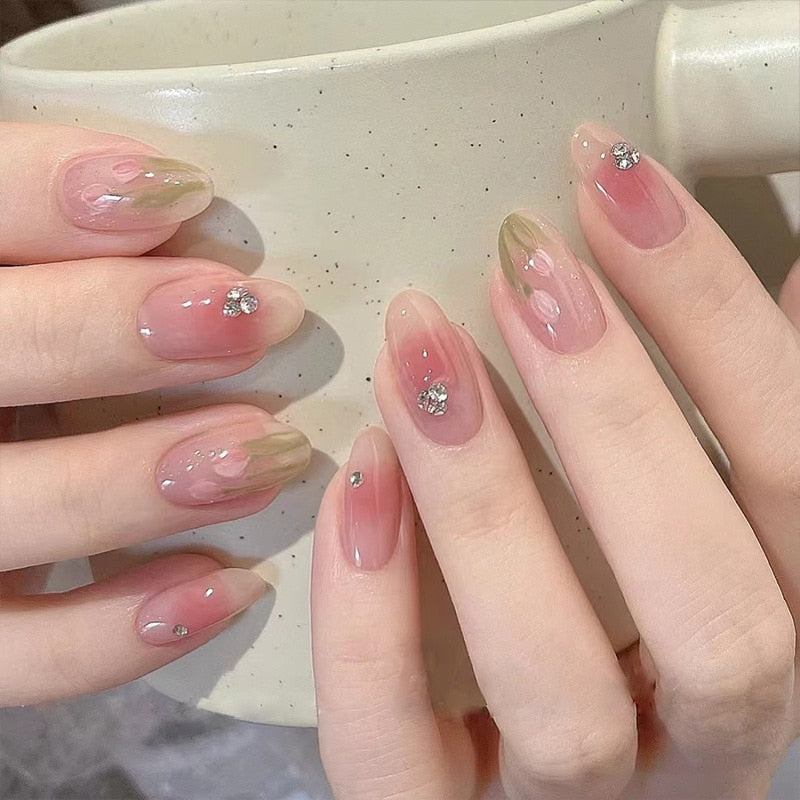 24Pcs Wearable False Nails with Glue Glitter Heart-shaped Rhinestone Design Full Cover Nail Tips Acrylic Fake Nails Press on HY209