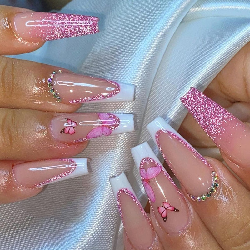 24Pcs White Long Coffin False Nails Glitter Ballet Wearable with French Design Fake nails Full Press on Nail Ins Nail Tips Art 669