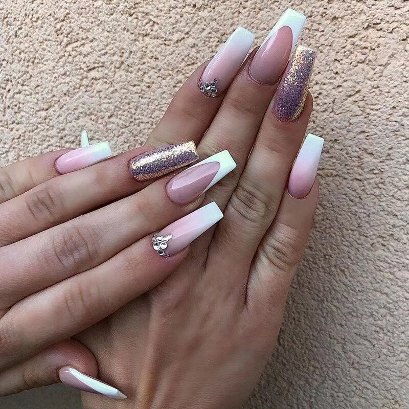 24Pcs White Long Coffin False Nails Glitter Ballet Wearable with French Design Fake nails Full Press on Nail Ins Nail Tips Art 648