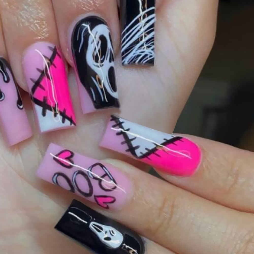 24Pcs/set Press On Nails Halloween Grimace Ballet Full Cover False Nails Diy Glue Press On Fear Nails French Manicure