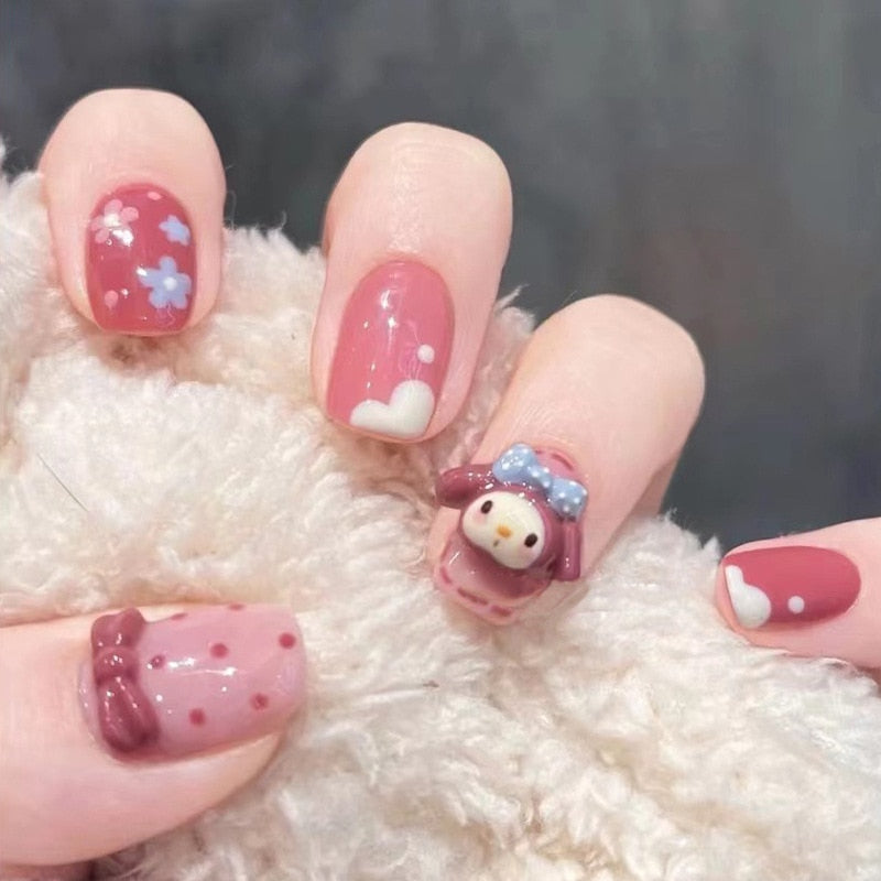 24Ps Childlike Fake Nails With Glue Cute Kawaii Personality Stick On Nails False Girls Short Press On Nail Art DIY Manicure Tool Nails With Glue Z48