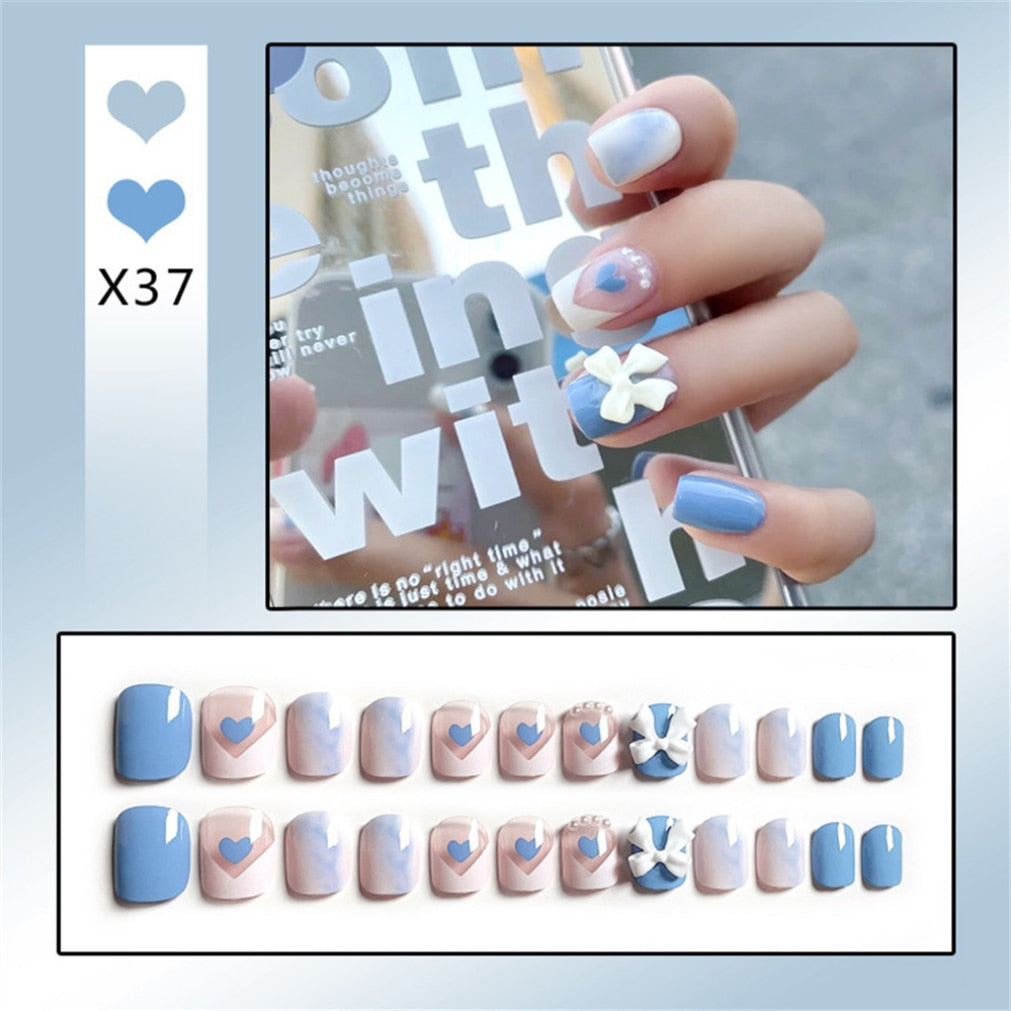 24Ps Childlike Fake Nails With Glue Cute Kawaii Personality Stick On Nails False Girls Short Press On Nail Art DIY Manicure Tool