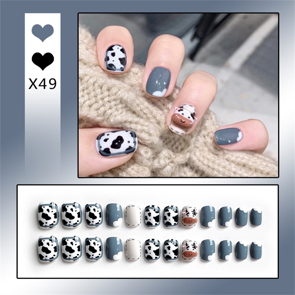 24Ps Childlike Fake Nails With Glue Cute Kawaii Personality Stick On Nails False Girls Short Press On Nail Art DIY Manicure Tool Nails With Glue X49