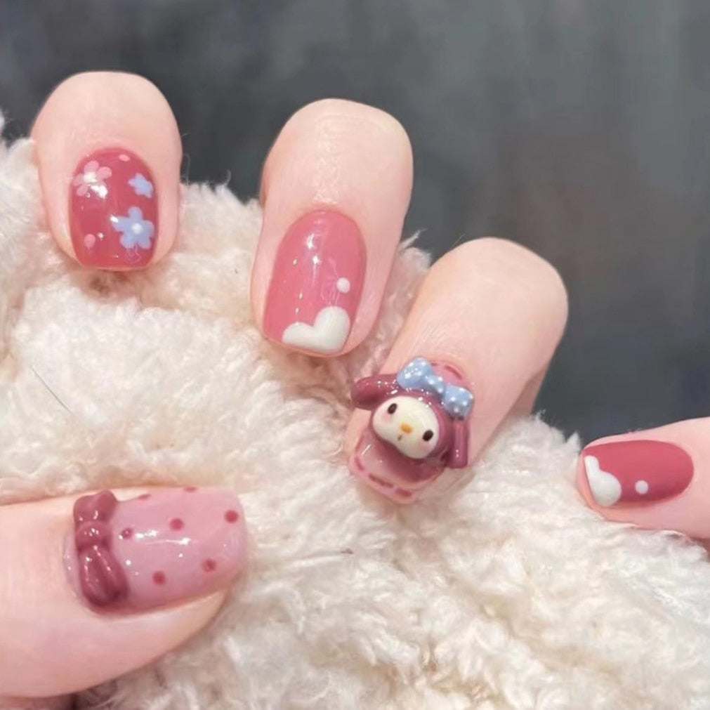 24Ps Childlike Fake Nails With Glue Cute Kawaii Personality Stick On Nails False Girls Short Press On Nail Art DIY Manicure Tool