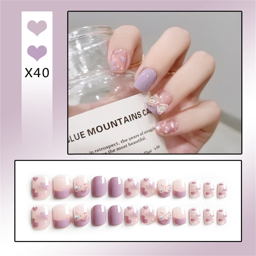 24Ps Childlike Fake Nails With Glue Cute Kawaii Personality Stick On Nails False Girls Short Press On Nail Art DIY Manicure Tool Nails With Glue X40