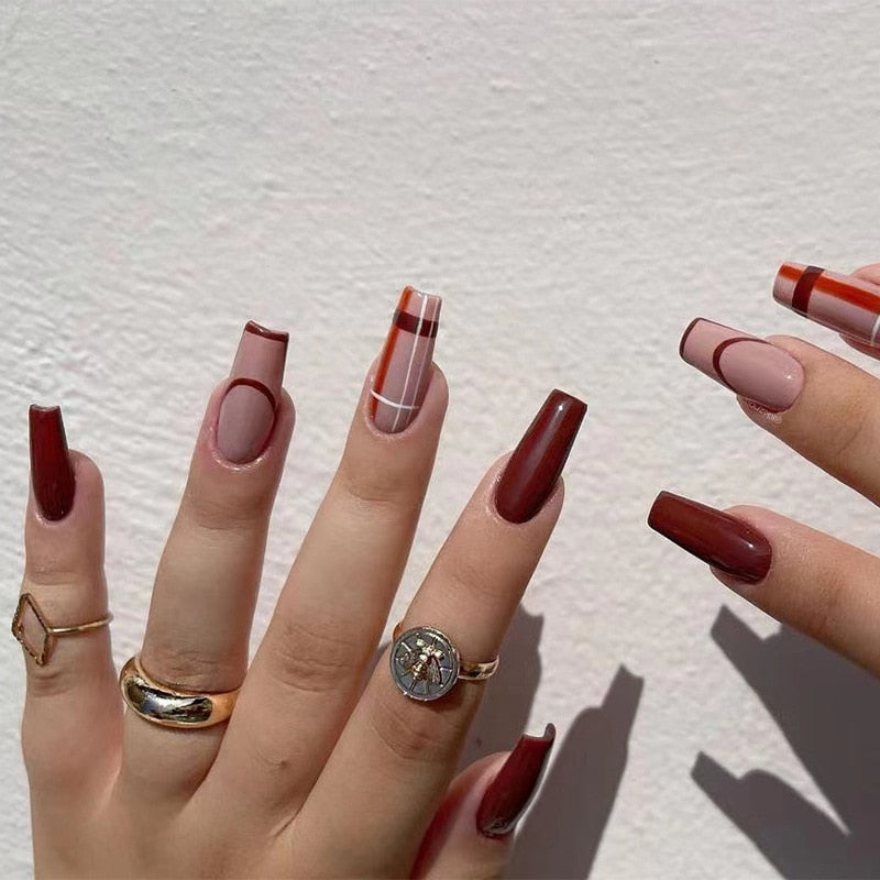 24p Black and White Flame Yin Yang Chessboard Pink Ballet Fake Nail Coffin Full Cover Artificial False Nails Press on Nail Art New Nails-JP1610