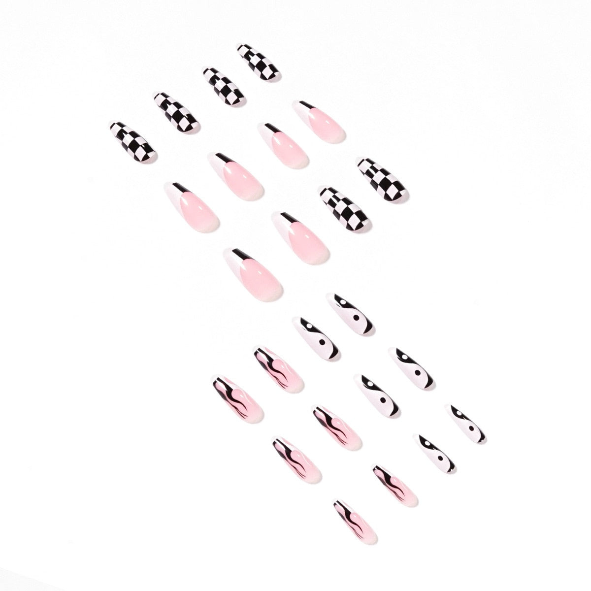 24p Black and White Flame Yin Yang Chessboard Pink Ballet Fake Nail Coffin Full Cover Artificial False Nails Press on Nail Art
