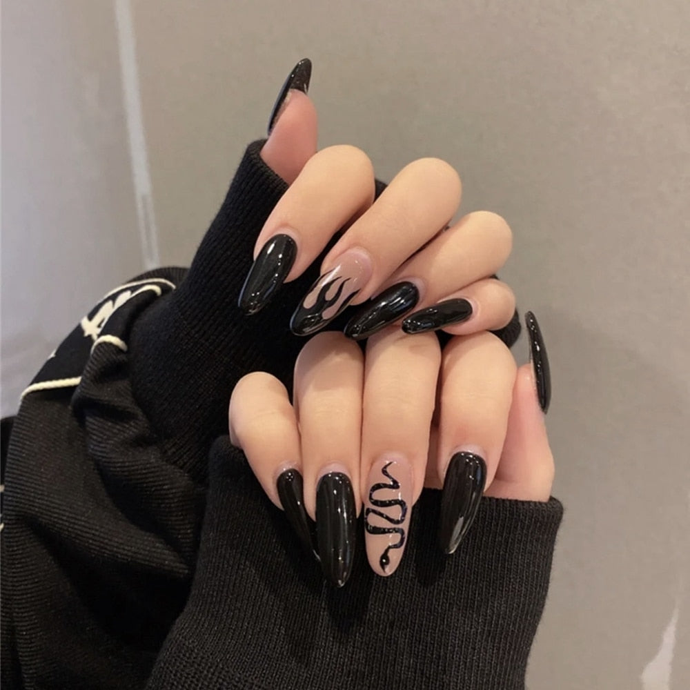 24pc/Box press on nails halloween Dark black Punk Ghost head tip nail pre design acrylic nail tip Full Cover Fake Nail A7