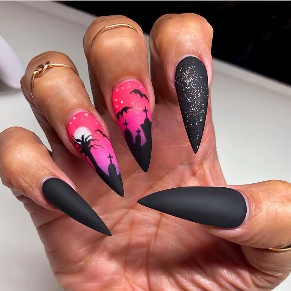 24pc/Box press on nails halloween Dark black Punk Ghost head tip nail pre design acrylic nail tip Full Cover Fake Nail B1